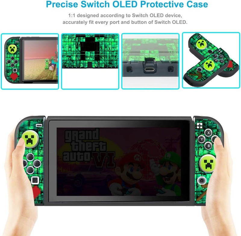 Sunmike Protective Case for Nintendo Switch OLED, Switch OLED Case & Cute Thumb Grips Caps Soft Dockable Cases Shock-Absorbent & Anti-Scratch Slim Cover Silicone Cases Protector & 4 Pcs Joystick Cover, Green - Image 2